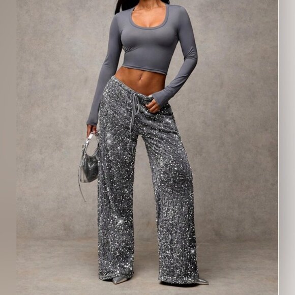 Silver Sequin Drawstring Wide Leg Pants - Picture 4 of 8